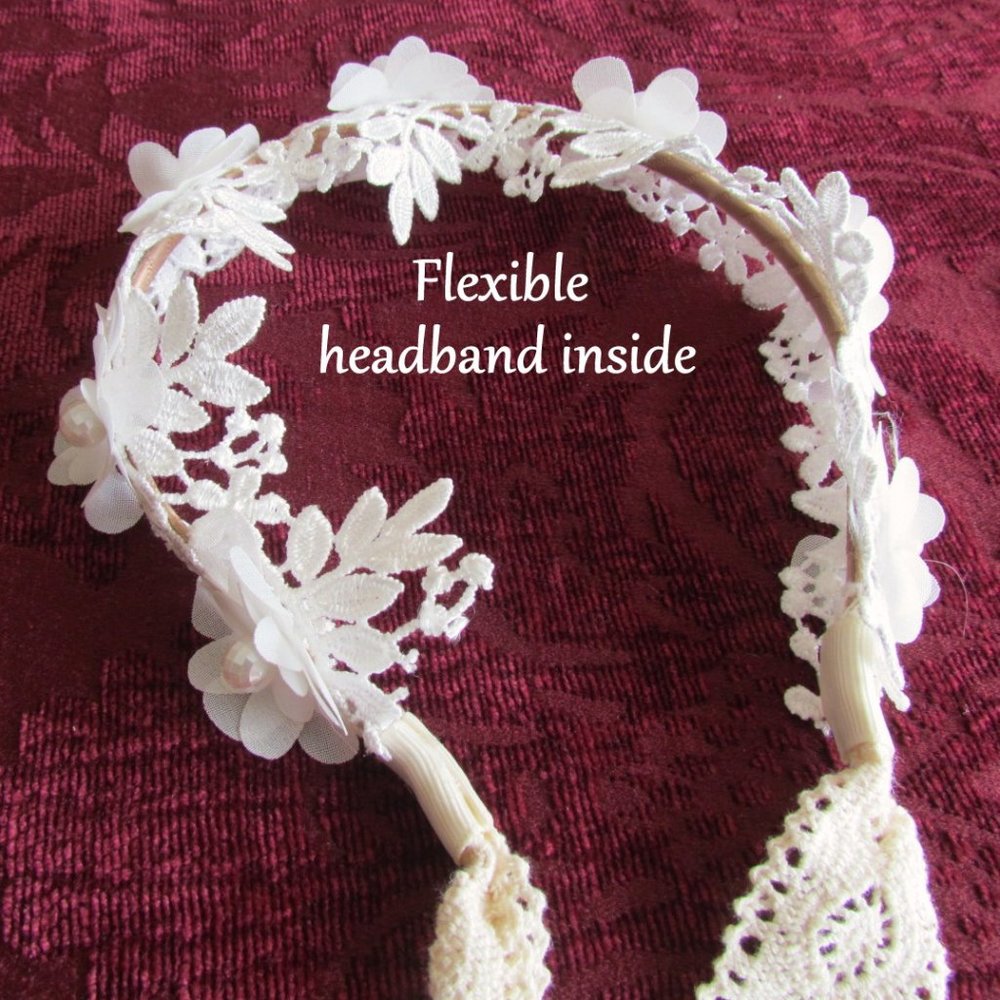 FLOWER GIRL WEDDING HEADBAND, TODDLER BIRTHDAY PARTY, WHITE LACE w RIBBONS, EUC